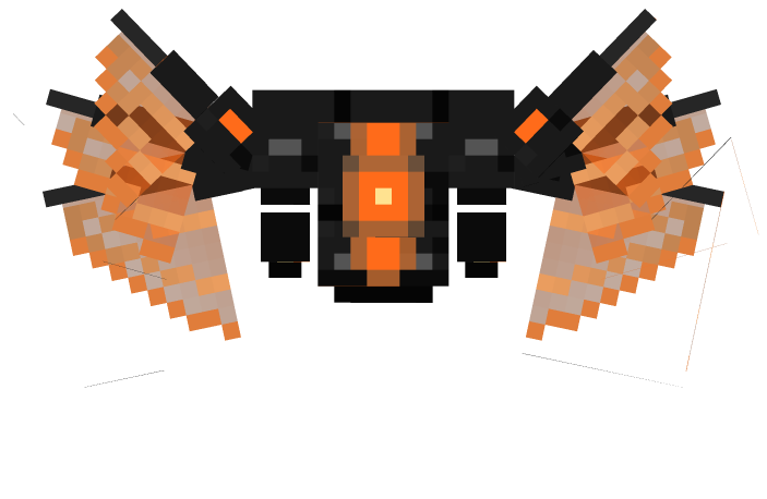 The Archon Wings from behind: three spars a side, each carrying a hard-light membrane that hangs below it and tapers outward to a point.